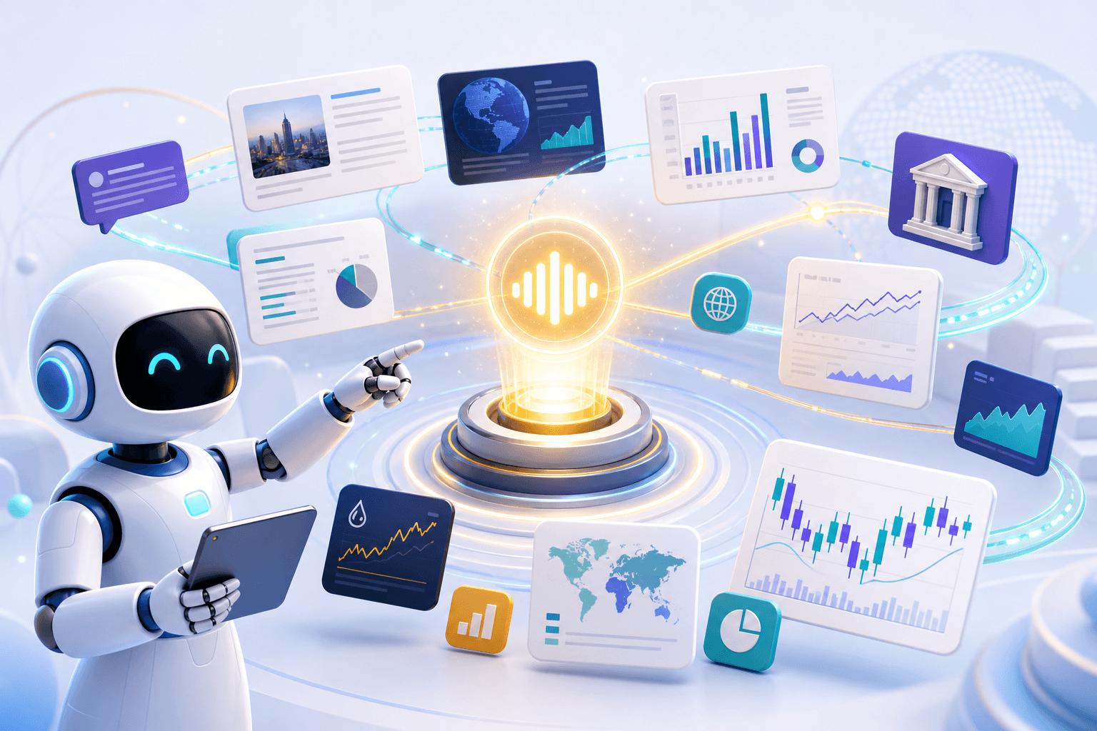 AI assistant surrounded by floating market data, news, and chart panels
