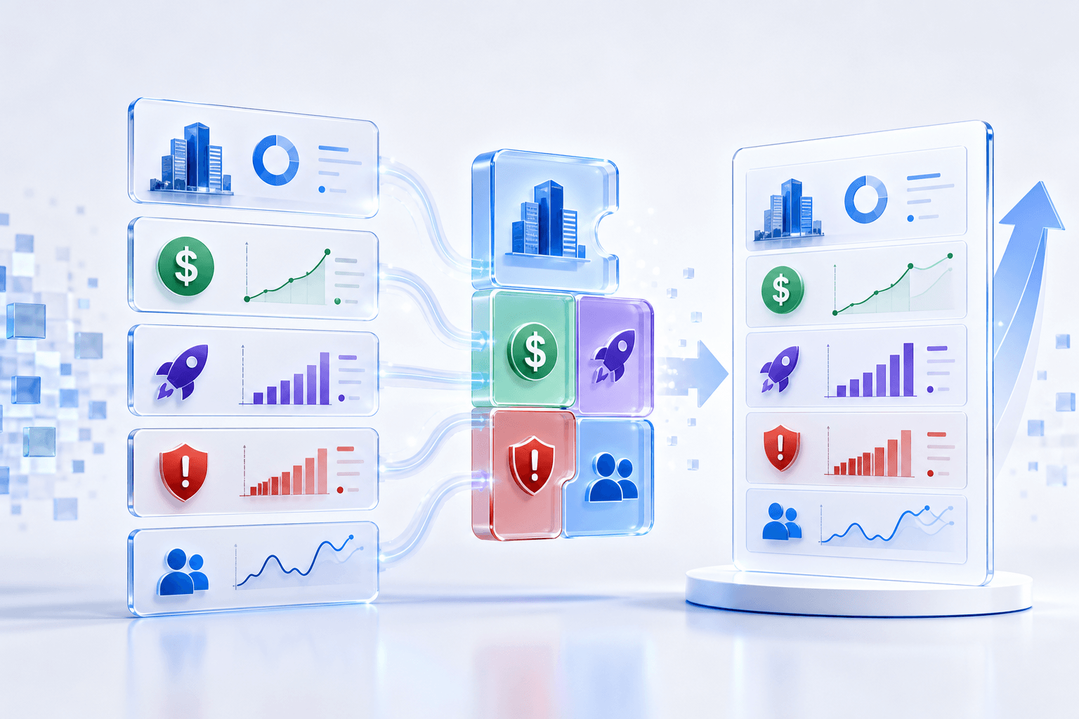 Modular research blocks assembling into a structured investment thesis