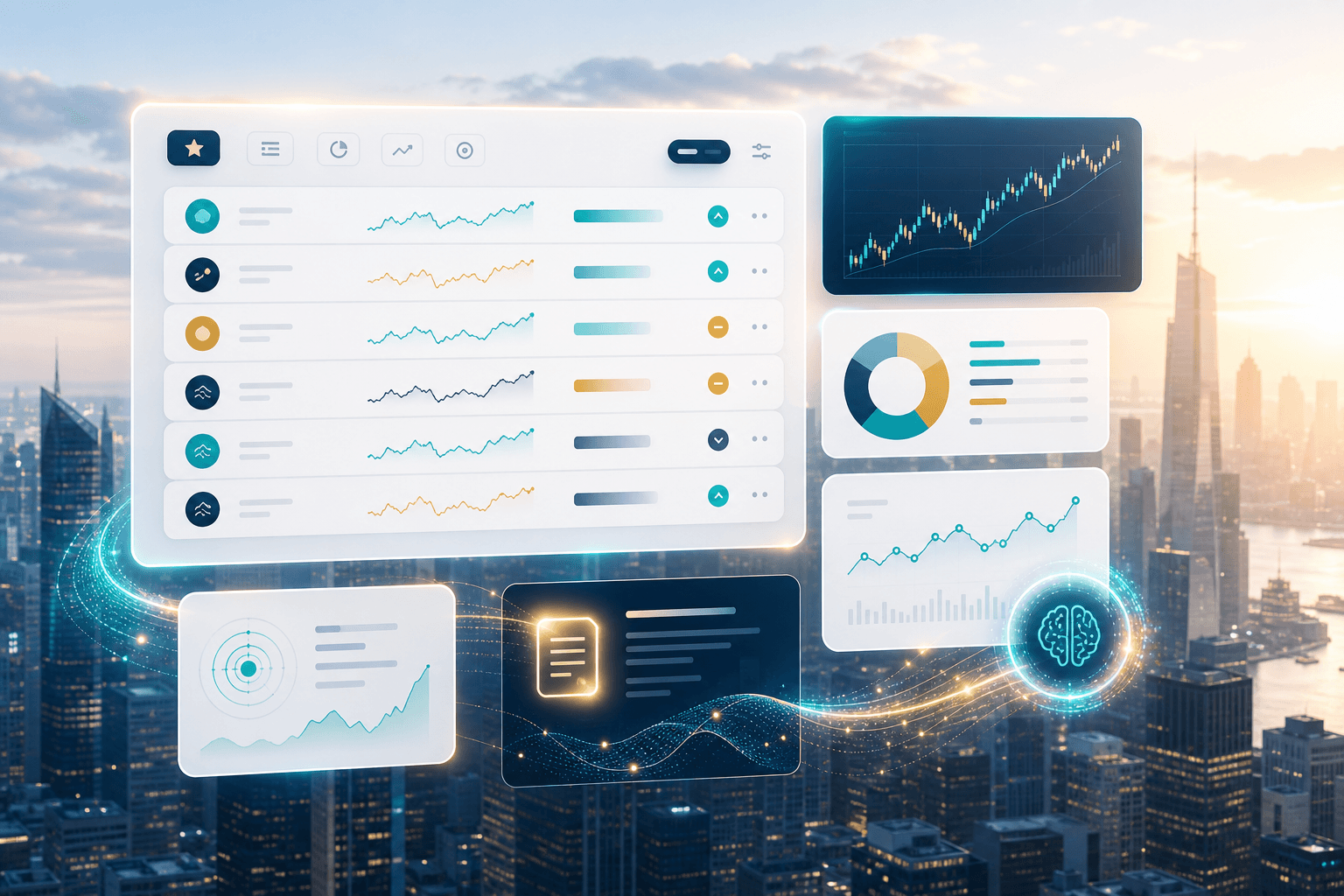 Smart watchlist cards floating over a city skyline at dawn